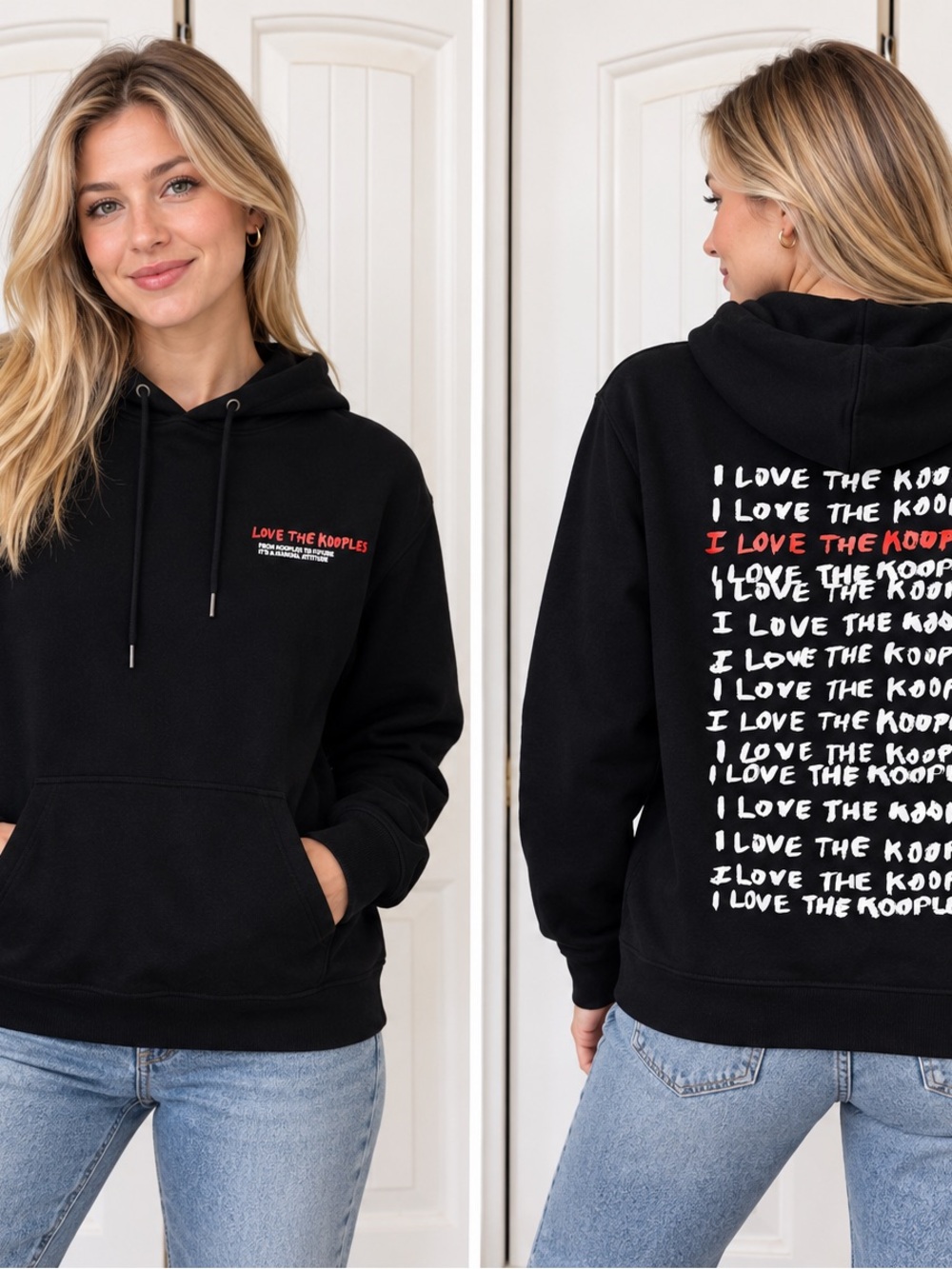 The Kooples Black Hoodie Sweater with Red & White Logo Print